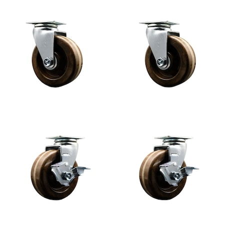 Service Caster 4'' High Temp Phenolic Swivel Caster Set with Bronze Bearings 2 Brakes, 4PK SCC-20S420-PHBZHT-2-TLB-2